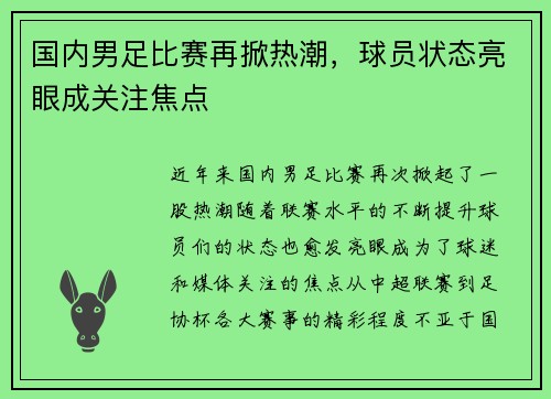 国内男足比赛再掀热潮，球员状态亮眼成关注焦点