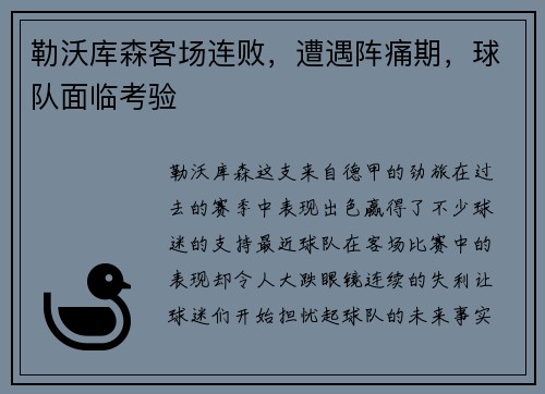 勒沃库森客场连败，遭遇阵痛期，球队面临考验