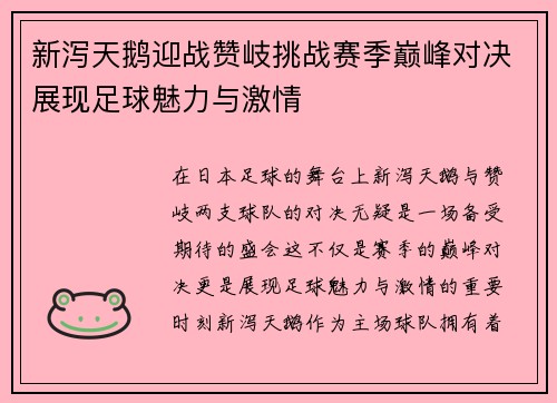新泻天鹅迎战赞岐挑战赛季巅峰对决展现足球魅力与激情