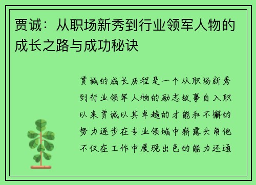 贾诚：从职场新秀到行业领军人物的成长之路与成功秘诀