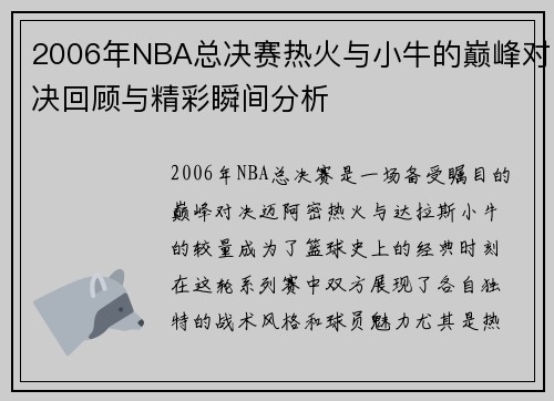 2006年NBA总决赛热火与小牛的巅峰对决回顾与精彩瞬间分析