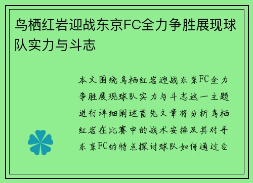 鸟栖红岩迎战东京FC全力争胜展现球队实力与斗志