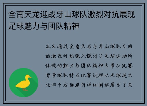 全南天龙迎战牙山球队激烈对抗展现足球魅力与团队精神