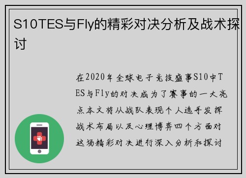 S10TES与Fly的精彩对决分析及战术探讨